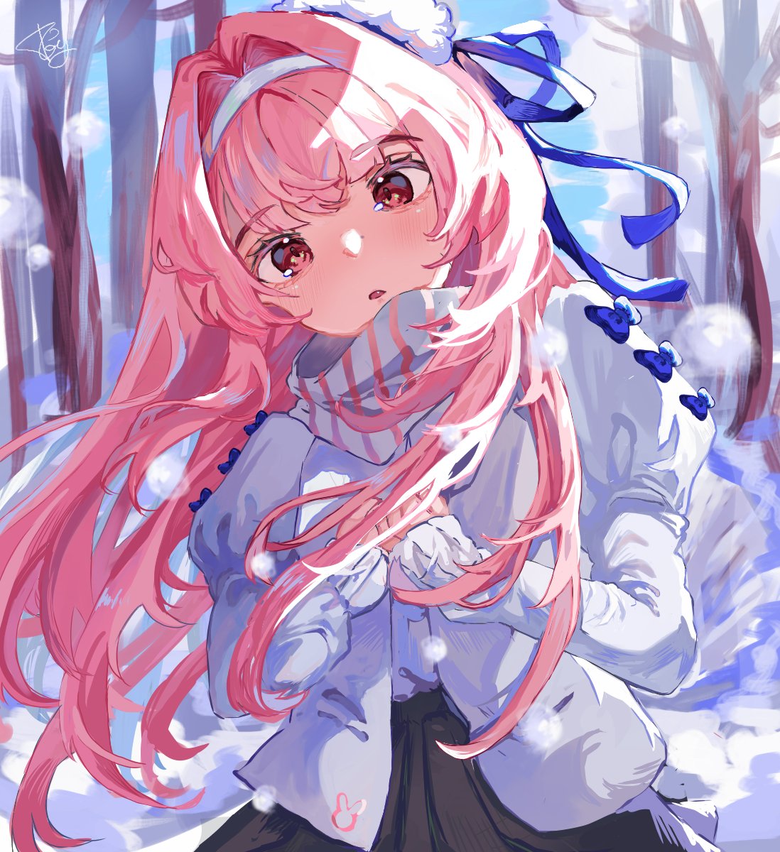black_skirt, blue_bow, blue_bowtie, bow, bowtie, forest, hairband, hibiki_du_ca
