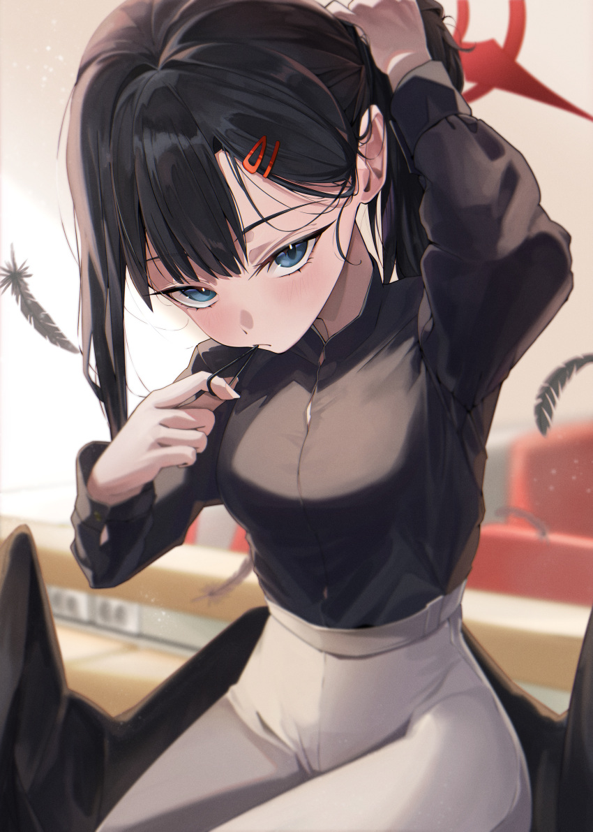 1girl, absurdres, black_hair, black_shirt, blue_archive, blue_eyes, feathered_wings, gemb