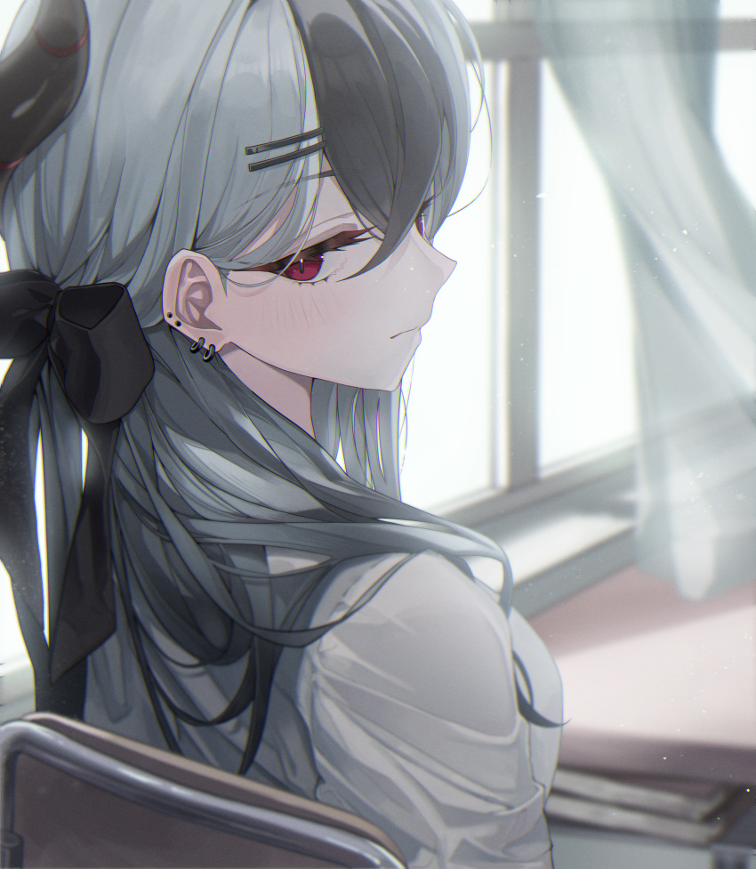 1girl, absurdres, black_ribbon, blue_archive, blush, demon_girl, demon_horns, desk