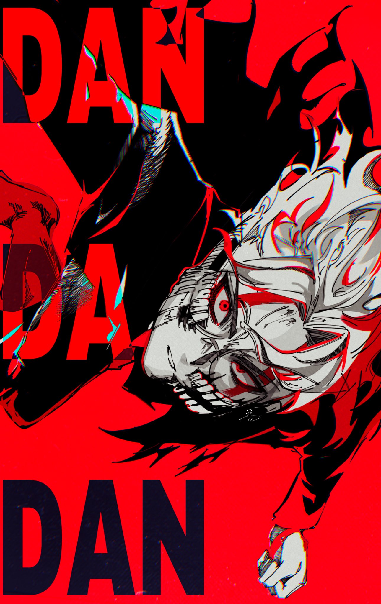 1boy, alternate_form, black_jacket, colored_skin, copyright_name, dandadan, facial_mark, gakuran