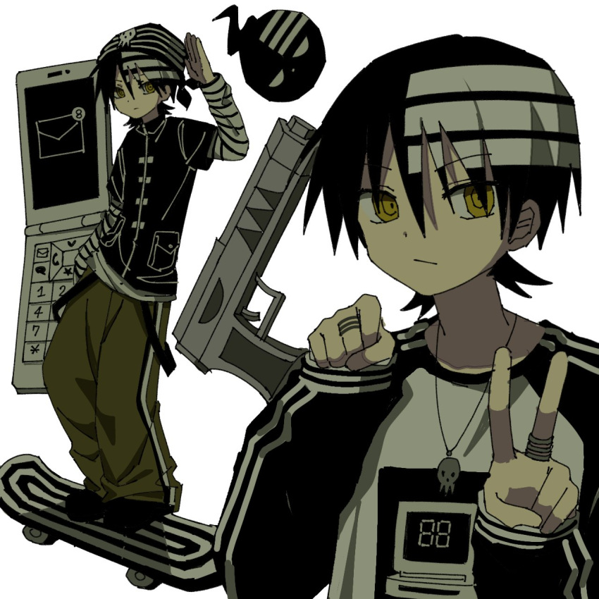 1boy, 2024, bandana, belt, black_hair, clenched_hand, computer, death_the_kid
