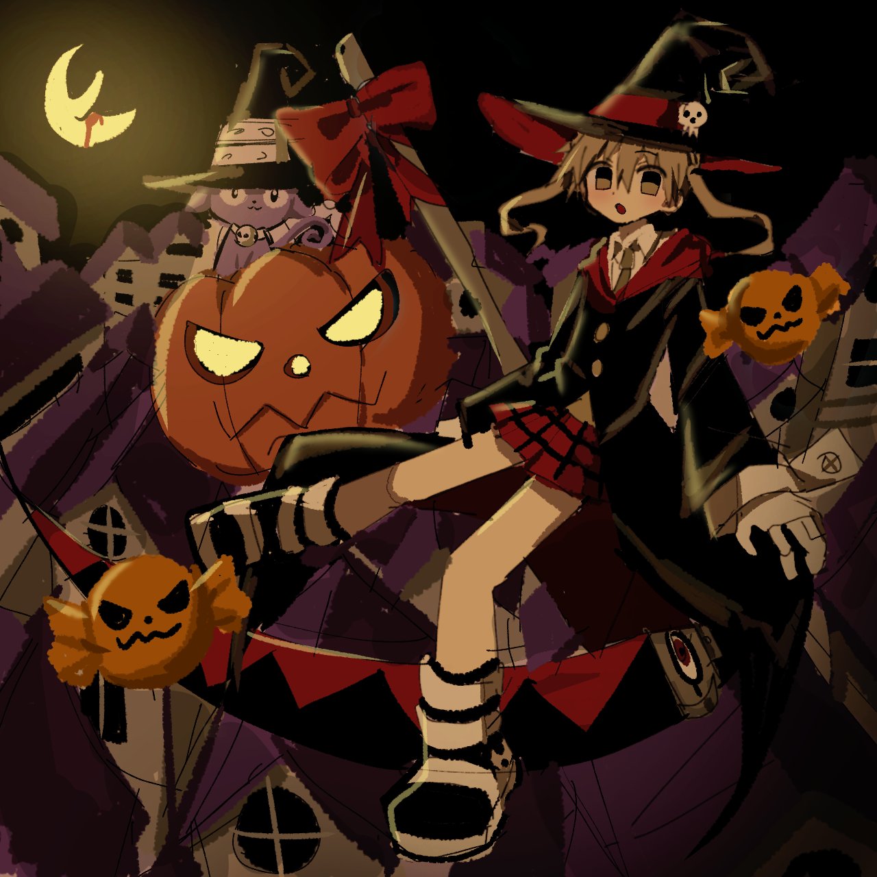 1boy, 2024, 2girls, blair_(soul_eater), bow, bowtie, building, candy