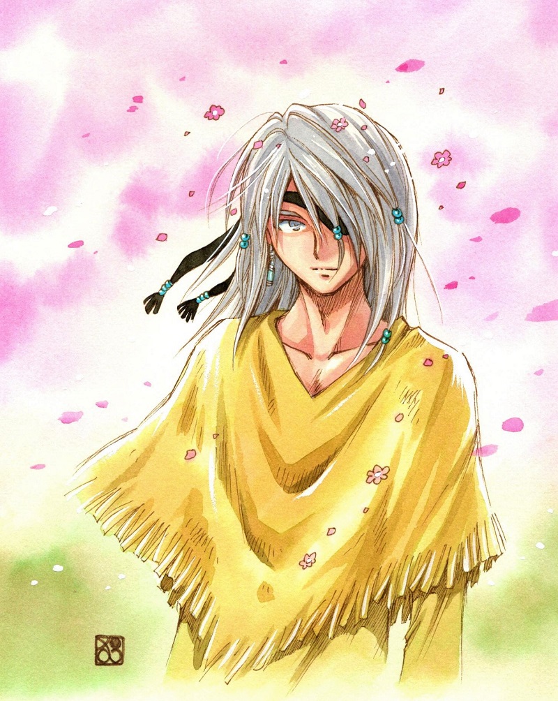+anima, 1boy, beads, cherry_blossoms, closed_mouth, collarbone, color_ink_(medium), eyepatch