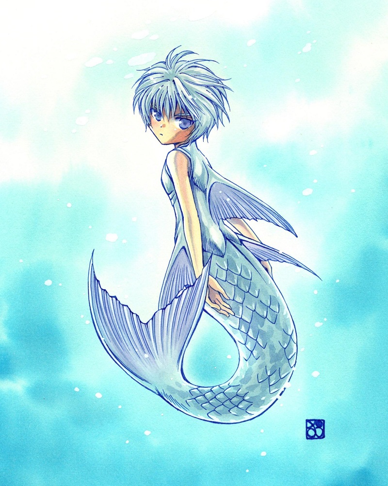 +anima, 1boy, blue_shirt, closed_mouth, color_ink_(medium), fins, fish_tail, full_body