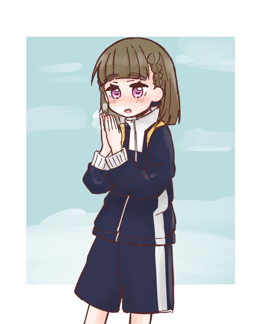 1girl, amado_(amaddo_club), black_jacket, black_shorts, blush, braid, brown_hair, center-flap_bangs, cold, commentary, gym_uniform, hasu_no_sora_gym_uniform, highres, jacket, kachimachi_kosuzu, link!_like!_love_live!, long_hair, long_sleeves, love_live!, nose_blush, official_alternate_costume, own_hands_together, palms_together, pink_eyes, shorts, side_braids, solo, straight_hair, track_jacket, virtual_youtuber