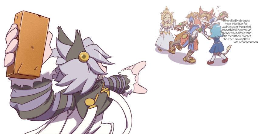 1boy, 3girls, cat_throwing_a_brick_(meme), elh_melizee, fur-trimmed_sleeves, fur_trim, furry, henstonvennic, highres, little_tail_bronx, looking_at_another, meme, multiple_girls, pixel_text, princess_terria, red_savarin, solatorobo, tail_concerto, toffee_(solatorobo), white_background