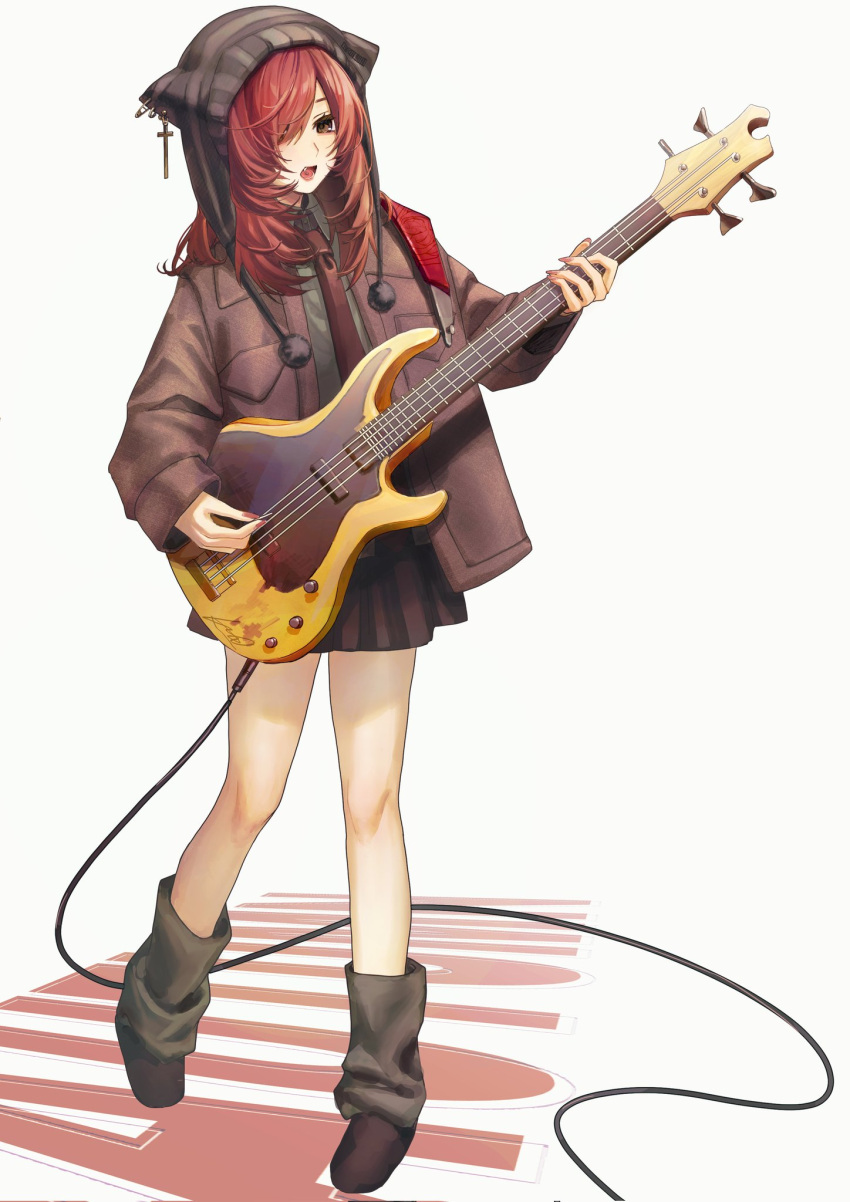 1girl, bass_guitar, beanie, black_footwear, black_skirt, brown_eyes, brown_jacket, cable, character_request, check_character, commentary, cross, earrings, electric_bass_guitar, full_body, hair_over_one_eye, hashtag-only_commentary, hat, highres, holding, holding_instrument, hood, instrument, jacket, jewelry, leg_warmers, long_hair, long_sleeves, looking_at_viewer, miniskirt, music, necktie, open_clothes, open_jacket, open_mouth, original, piercing, playing_instrument, pleated_skirt, redhead, shirt, simple_background, skirt, socks, solo, standing, tongue_piercing, white_background, yuuri_(0914yuuri_k)
