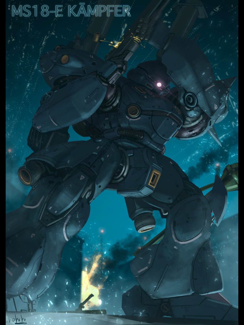 bazooka_(gundam), bottoms1237, casing_ejection, character_name, colony_interior, commentary_request, embers, fire