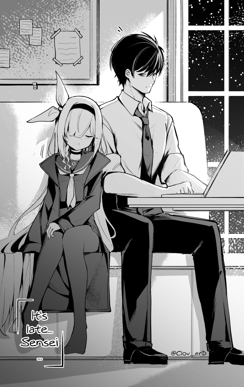 1boy, 1girl, absurdres, blue_archive, choker, closed_eyes, clover_dot_(clov_erd), coat