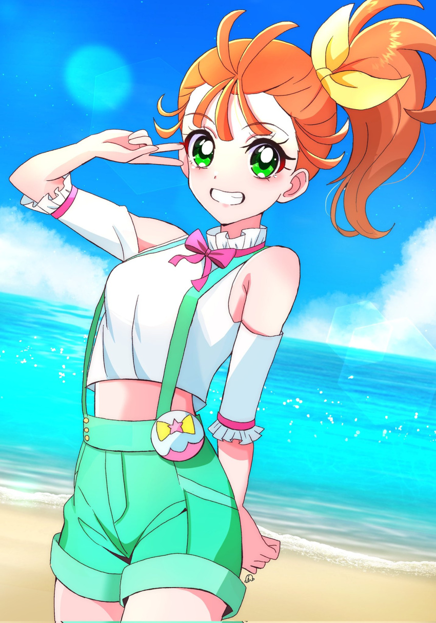 1girl, arm_behind_back, arm_up, bare_legs, bare_shoulders, beach, blue_sky, blush