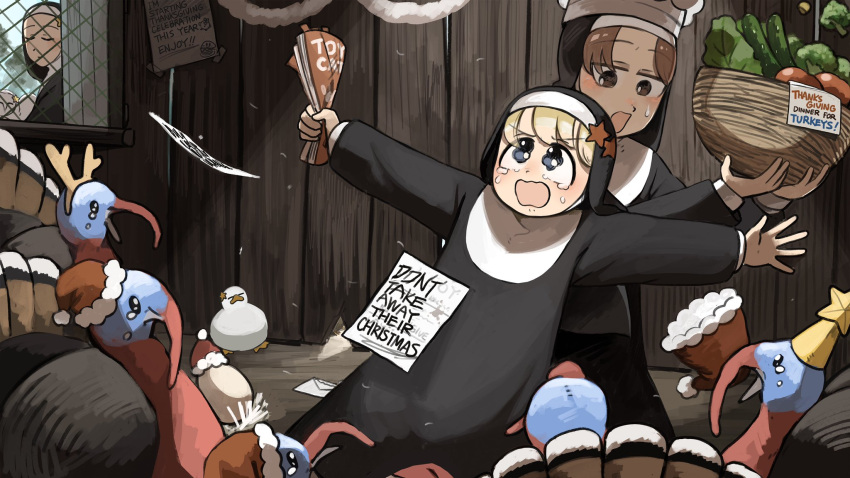 3girls, basket, bird, blonde_hair, blue_eyes, broccoli, brown_eyes, brown_hair