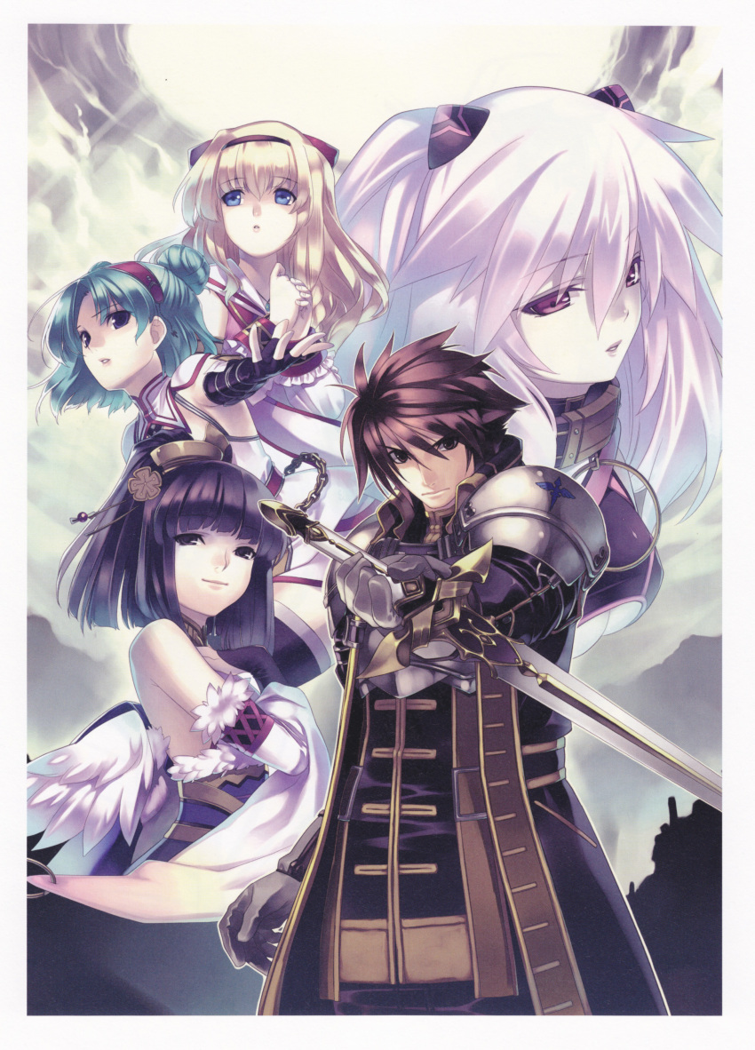 4girls, absurdres, agarest_senki, agarest_senki_zero, aqua_hair, armor, bangs, bare_shoulders