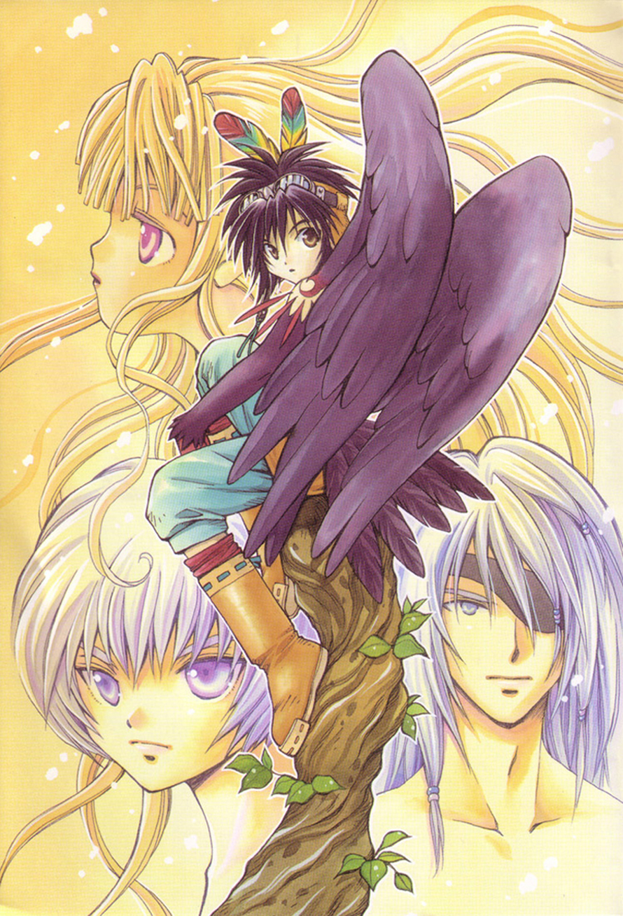+anima, 1girl, 3boys, beads, bird_boy, black_hair, blonde_hair, blue_pants