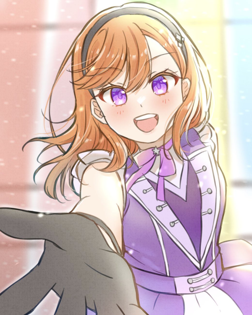 1girl, :d, aoi_madoka, black_gloves, black_hairband, blurry, blurry_background, blush, choker, commentary_request, dazzling_game, dress, gloves, hair_between_eyes, hairband, highres, light_particles, long_hair, looking_at_viewer, love_live!, love_live!_superstar!!, offering_hand, official_alternate_costume, open_mouth, orange_hair, purple_dress, purple_ribbon, reaching, reaching_towards_viewer, ribbon, ribbon_choker, shibuya_kanon, sleeveless, sleeveless_dress, smile, solo, swept_bangs, teeth, upper_body, upper_teeth_only, violet_eyes