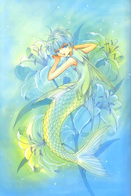 +anima, 1boy, androgynous, blue_eyes, blue_hair, flower, full_body, husky_(+anima), light_particles, lily_(flower), looking_at_viewer, male_focus, merman, monster_boy, mukai_natsumi, official_art, scan, shirt, short_hair, sleeveless, sleeveless_shirt, solo, third-party_source