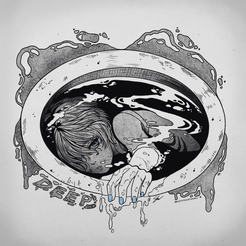 +anima, 1boy, air_bubble, blue_eyes, blue_nails, bubble, commentary, earthtocaptainsky, english_commentary, gills, greyscale, highres, husky_(+anima), inktober, looking_at_viewer, male_focus, monochrome, pen_(medium), ripples, short_hair, solo, spot_color, traditional_media, tumblr_username, underwater