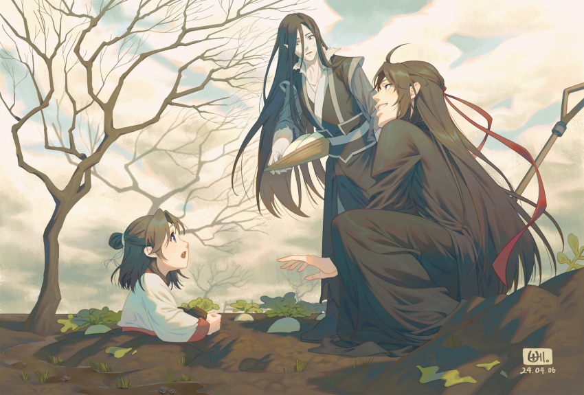 2024, 3boys, bare_tree, basket, black_hanfu, chinese_clothes, clouds, cloudy_sky, dated, dirt, frang_art, full_body, grey_eyes, hair_bun, hair_ribbon, hanfu, highres, holding, holding_basket, korean_commentary, lan_sizhui, long_hair, long_sleeves, looking_at_another, male_focus, modao_zushi, mud, multiple_boys, open_mouth, outdoors, pale_skin, partially_buried, radish, red_ribbon, ribbon, shovel, sky, smile, squatting, teeth, torn_cloth, tree, veiny_face, violet_eyes, water, wei_wuxian, wen_ning, white_hanfu, white_ribbon, wide_sleeves