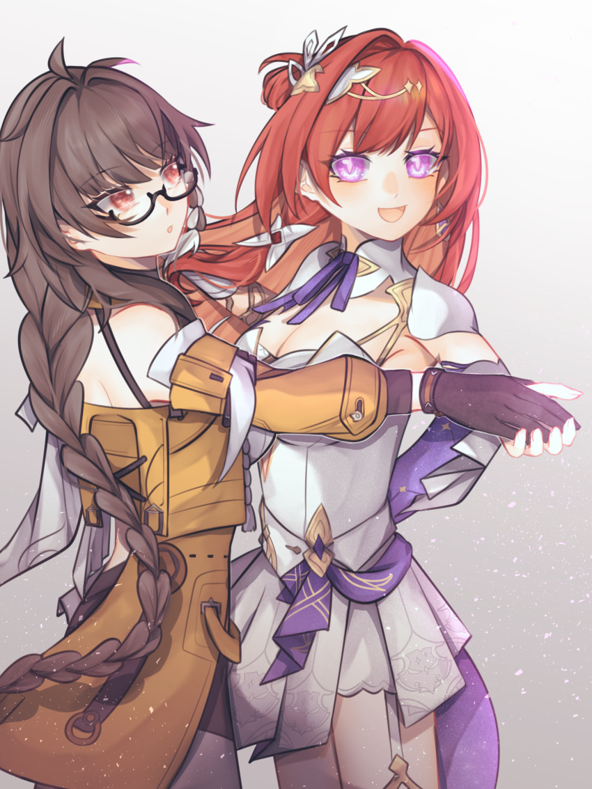 2girls, ahoge, bare_shoulders, braid, brown_hair, dancing, entropy_(honkai_impact), female_dreamseeker_(honkai_impact), glasses, gloves, hair_ornament, highres, holding_hands, honkai_(series), honkai_impact_3rd, long_hair, misapit, multiple_girls, pink_eyes, red_eyes, redhead, senadina_(cocoon_of_unwoven)_(honkai_impact), senadina_(honkai_impact), simple_background, white_background, white_hair