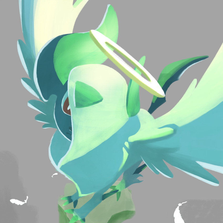 absol, alternate_color, bright_pupils, claws, closed_mouth, feathers, green_hair, halo, highres, horns, looking_up, mega_absol, mega_pokemon, monomo_monomos, pokemon, pokemon_(creature), red_eyes, shadow, solo, standing, white_pupils, wings