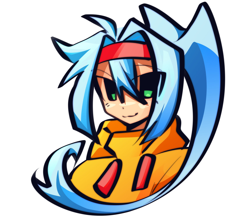 1girl, absurdres, ashe_(mega_man), blue_hair, cyb3r_pegasus, green_eyes, high_ponytail, highres, jacket, light_blue_hair, long_hair, mega_man_(series), mega_man_zx, mega_man_zx_advent, orange_jacket, simple_background, smile, solo, upper_body, white_background