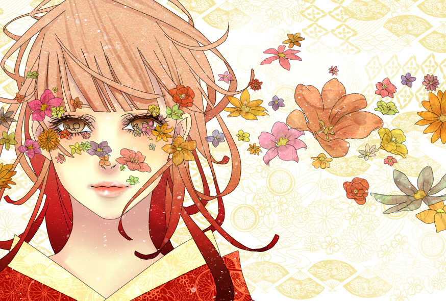 eyes, face, flower, gradient_hair, hal_(suck_it), japanese_clothes, kimono, light_smile