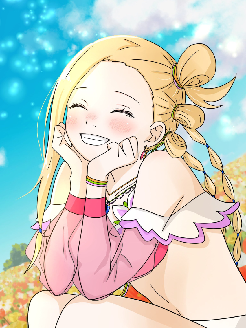 1girl, bikini, blonde_hair, blush, closed_eyes, earrings, highres, jewelry