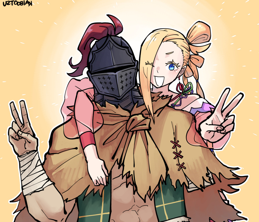 1boy, 1girl, aldebaran_(re:zero), blonde_hair, blue_eyes, blush, earrings, highres, jewelry, long_hair, medium_o'connell, open_mouth, re:zero_kara_hajimeru_isekai_seikatsu