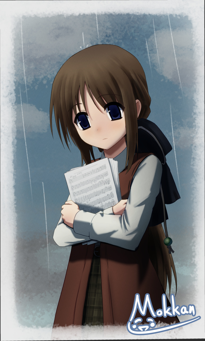 1girl, :|, absurdres, artist_name, blue_eyes, brown_hair, closed_mouth, clouds