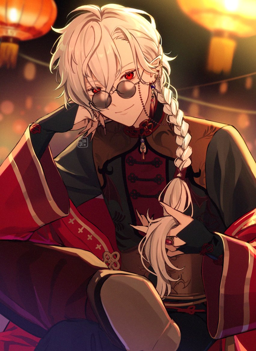 1boy, ahoge, black_gloves, blurry, blurry_background, braid, chinese_clothes, closed_mouth