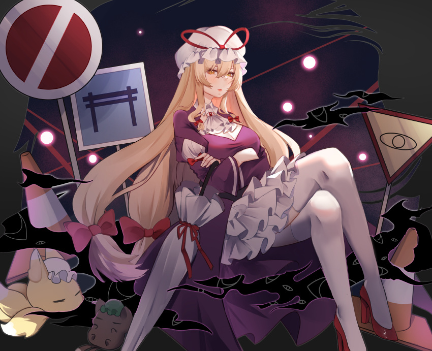 absurdres, ascot, blonde_hair, blush, bow, breasts, chen, closed_eyes, danmaku, dress, frills, gap_(touhou), hair_bow, hat, hat_ribbon, highres, holding, holding_umbrella, large_breasts, long_hair, long_sleeves, looking_at_viewer, mob_cap, multiple_tails, noruno1510, parasol, purple_dress, purple_theme, red_bow, red_footwear, red_ribbon, ribbon, shoes, sign, skirt, tail, thigh-highs, touhou, traffic_cone, umbrella, white_ascot, white_thighhighs, white_umbrella, yakumo_ran, yakumo_yukari, yellow_eyes