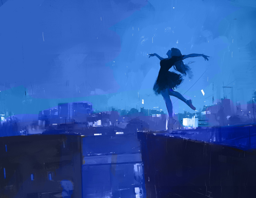 1girl, acrobatic_silky_(dandadan), ballerina, building, cityscape, clouds, cloudy_sky, dancing, dandadan, daodtt, hashtag-only_commentary, highres, long_hair, night, on_roof, outdoors, outstretched_arms, rain, sky, solo, standing, standing_on_one_leg, tutu