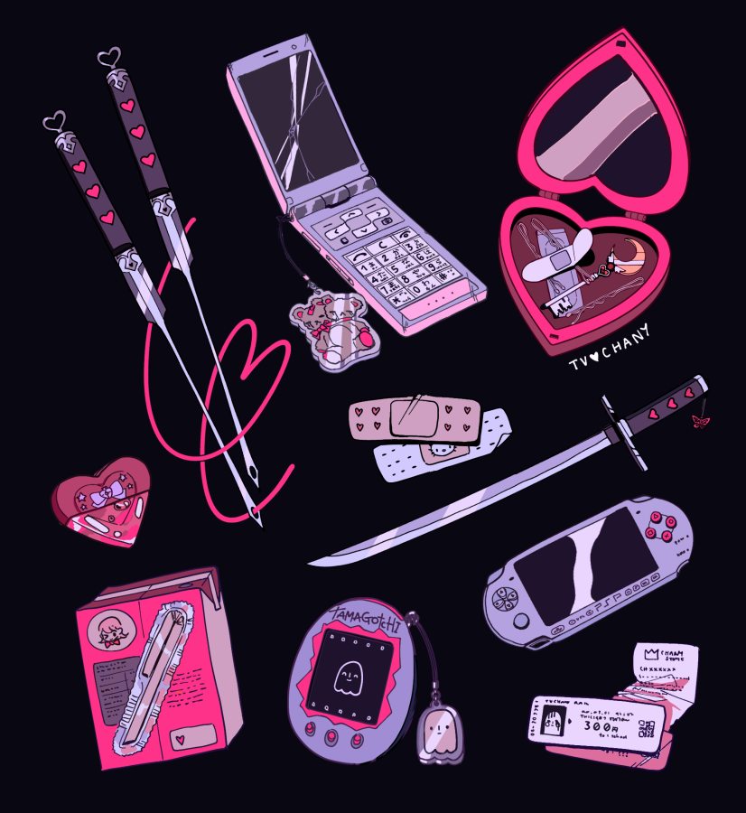 artist_name, bandaid, black_background, bobby_pin, box, butterfly_ornament, cellphone, cellphone_charm, charm_(object), commentary, crack, cracked_screen, crescent, flip_phone, food, ghost_ornament, handheld_game_console, heart, heart-shaped_box, heart-shaped_ornament, heart_print, hello_kitty_print, juice_box, katana, key, knitting_needle, limited_palette, multiple_heads, myon_(tokipi), needle, no_humans, object_focus, original, phone, pink_theme, playstation_portable, receipt, signature, simple_background, string, stuffed_animal, stuffed_toy, sword, symbol-only_commentary, tamagotchi_(virtual_pet), teddy_bear, ticket, weapon