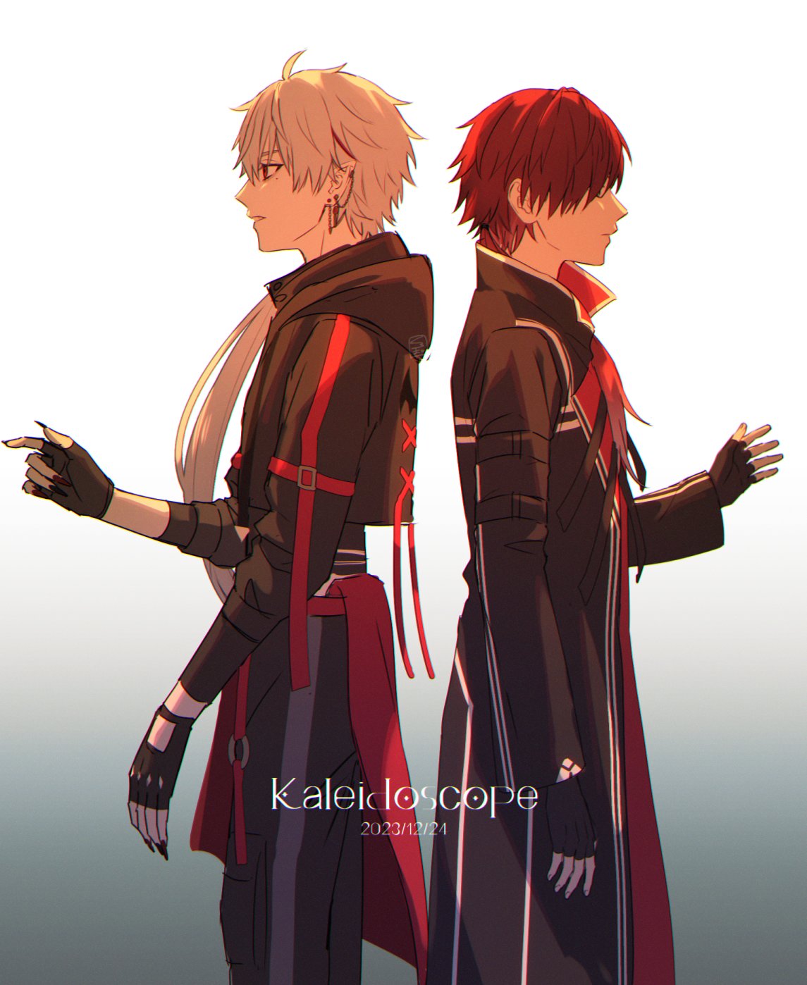 2boys, ahoge, back-to-back, black_coat, black_gloves, black_jacket, black_nails, black_pants