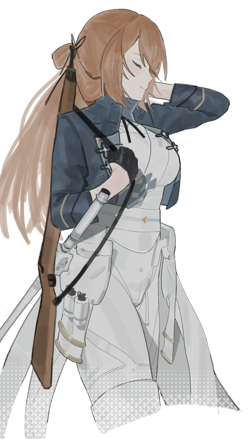 1girl, absurdres, black_gloves, blue_jacket, blush, bolt_action, boots, brown_hair