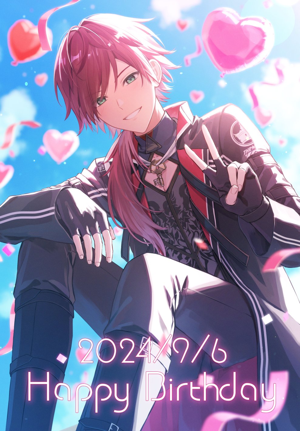1boy, balloon, black_coat, black_footwear, black_gloves, black_pants, black_shirt, blue_sky