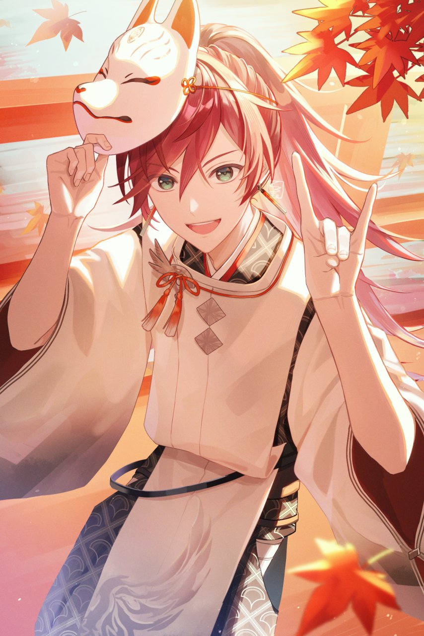 1boy, :d, black_kimono, blurry, blurry_foreground, commentary_request, crossed_bangs, day