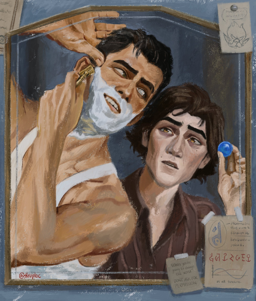 2boys, absurdres, arcane:_league_of_legends, arcane_jayce, arcane_viktor, black_hair, brown_hair, brown_shirt