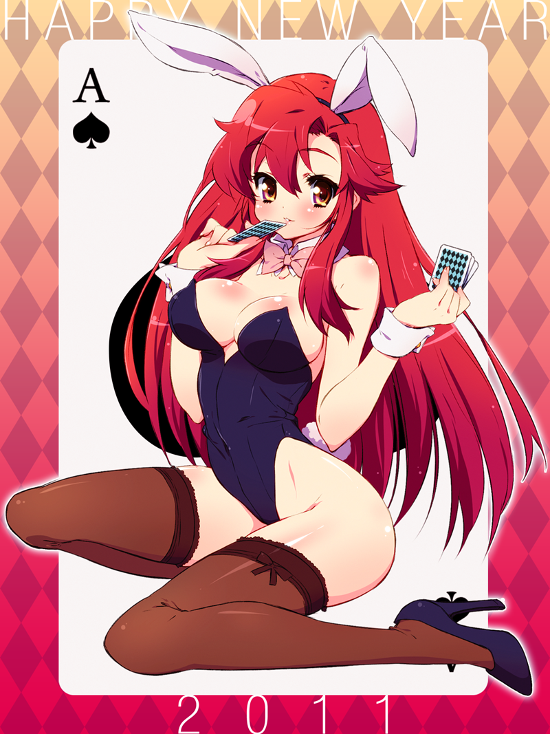 2011, bare_shoulders, blush, bowtie, breasts, bunny_ears, bunny_girl, bunnysuit