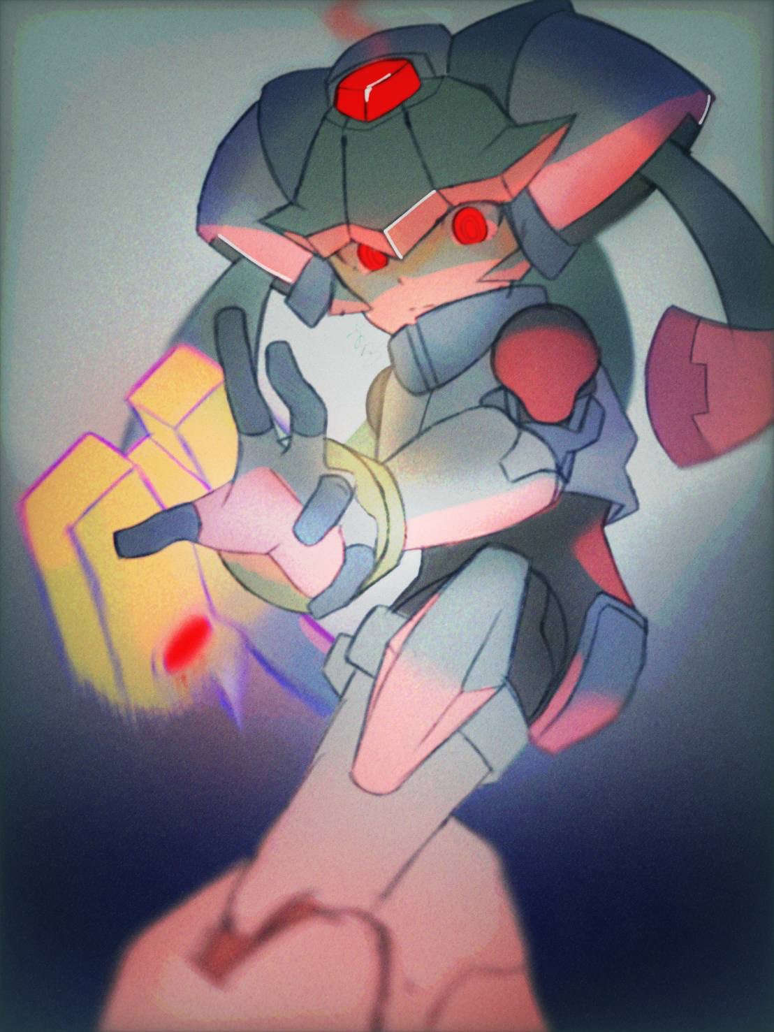 1girl, armor, cowboy_shot, forehead_jewel, green_hair, helmet, highres, mega_man_(series), mega_man_zx, model_w_(mega_man), pandora_(mega_man), red_eyes, sasaki_(ssk8083), solo, white_armor, white_helmet