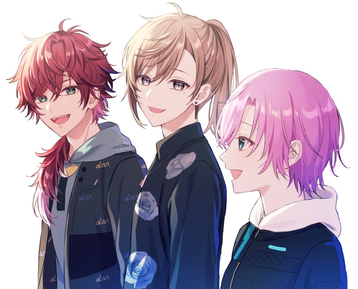 1girl, 2boys, :d, ahoge, black_jacket, black_shirt, brown_hair, collared_shirt