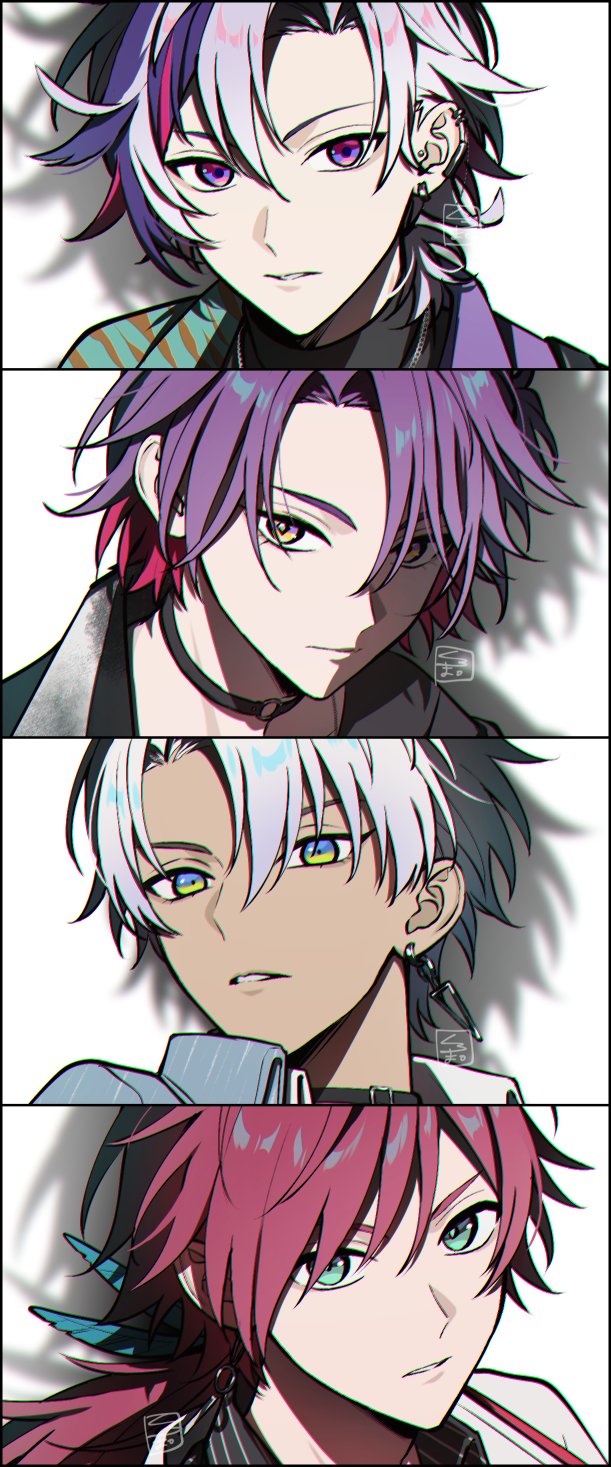 4boys, aqua_jacket, black_choker, black_shirt, blue_eyes, blue_jacket, blue_shirt, chain
