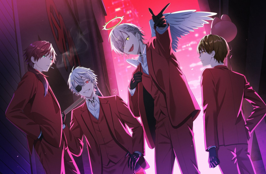 4boys, :d, ahoge, angel_wings, arm_up, balloon, brown_eyes, brown_hair