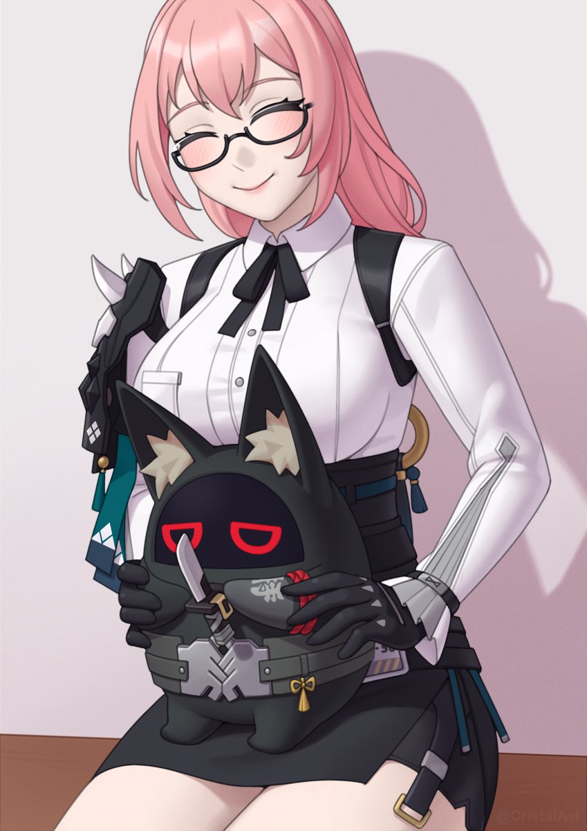 1girl, animal_ear_fluff, animal_ears, bangboo_(zenless_zone_zero), black_gloves, blush, breasts, closed_eyes