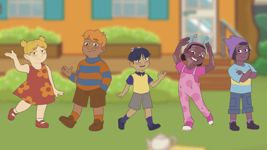 2girls, 3boys, amateurfanartist, austin_(backyardigans), backyard, blonde_hair, blue_hair, bush