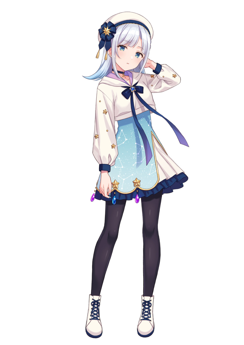 1girl, aqua_skirt, arm_up, asumi_ririse, beret, black_choker, black_pantyhose, blue_bow