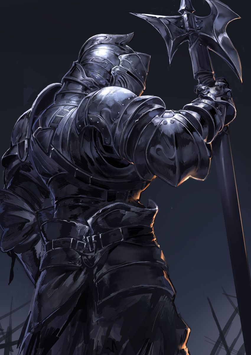 1other, ambiguous_gender, armor, belt, breastplate, commentary, from_behind, full_armor