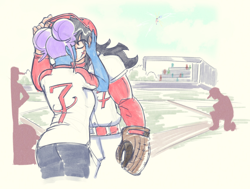 baseball_cap, baseball_jersey, baseball_uniform, black_hair, blue_skin, closed_eyes, colored_skin, dragon_ball, dragon_ball_heroes, hat, highres, jersey, kiss, peaked_cap, purple_hair, red_hat, scar, scar_on_face, shirt, short_sleeves, son_goku, sportswear, tidywire, vegeta, vidro_(dragon_ball), white_shirt, yamcha