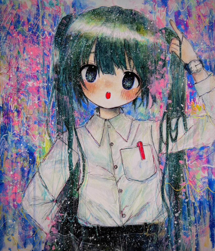 1girl, :o, arm_up, blush, breast_pocket, green_hair, highres, kaikanaaaaa