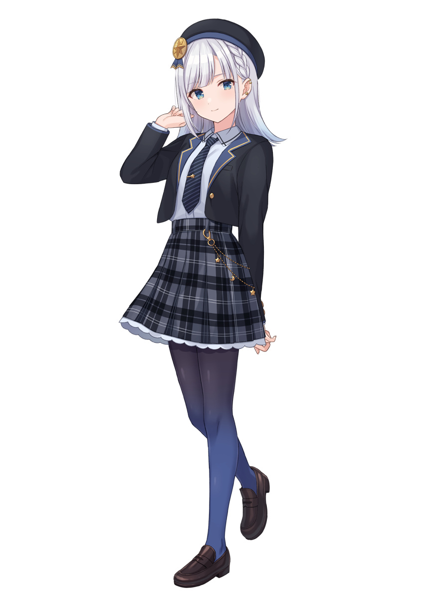 1girl, asumi_ririse, beret, black_hat, black_jacket, black_necktie, black_pantyhose, black_skirt