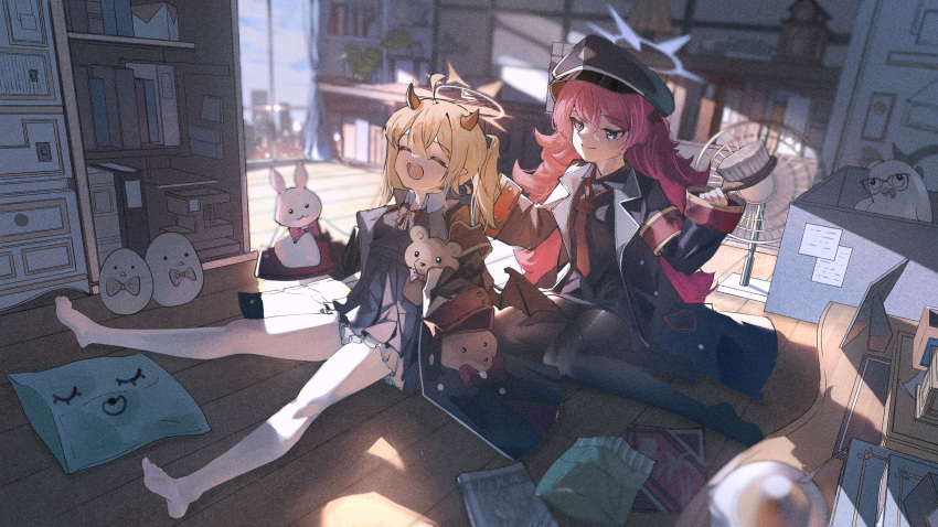 2girls, aqua_eyes, bare_legs, black_coat, black_pantyhose, black_shirt, blonde_hair, blue_archive